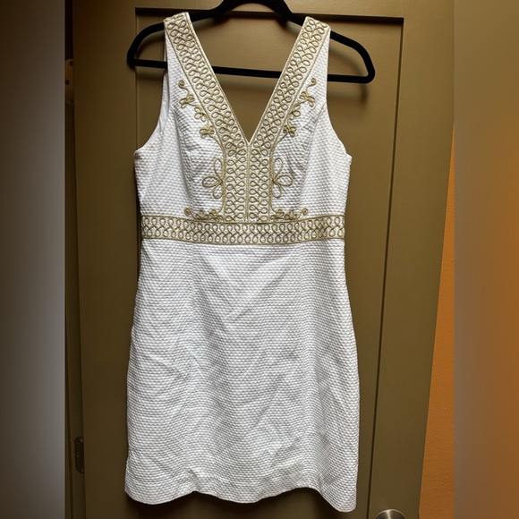 Lilly Pulitzer Aveline Shift Dress in white with gold embroidery - Picture 2 of 5